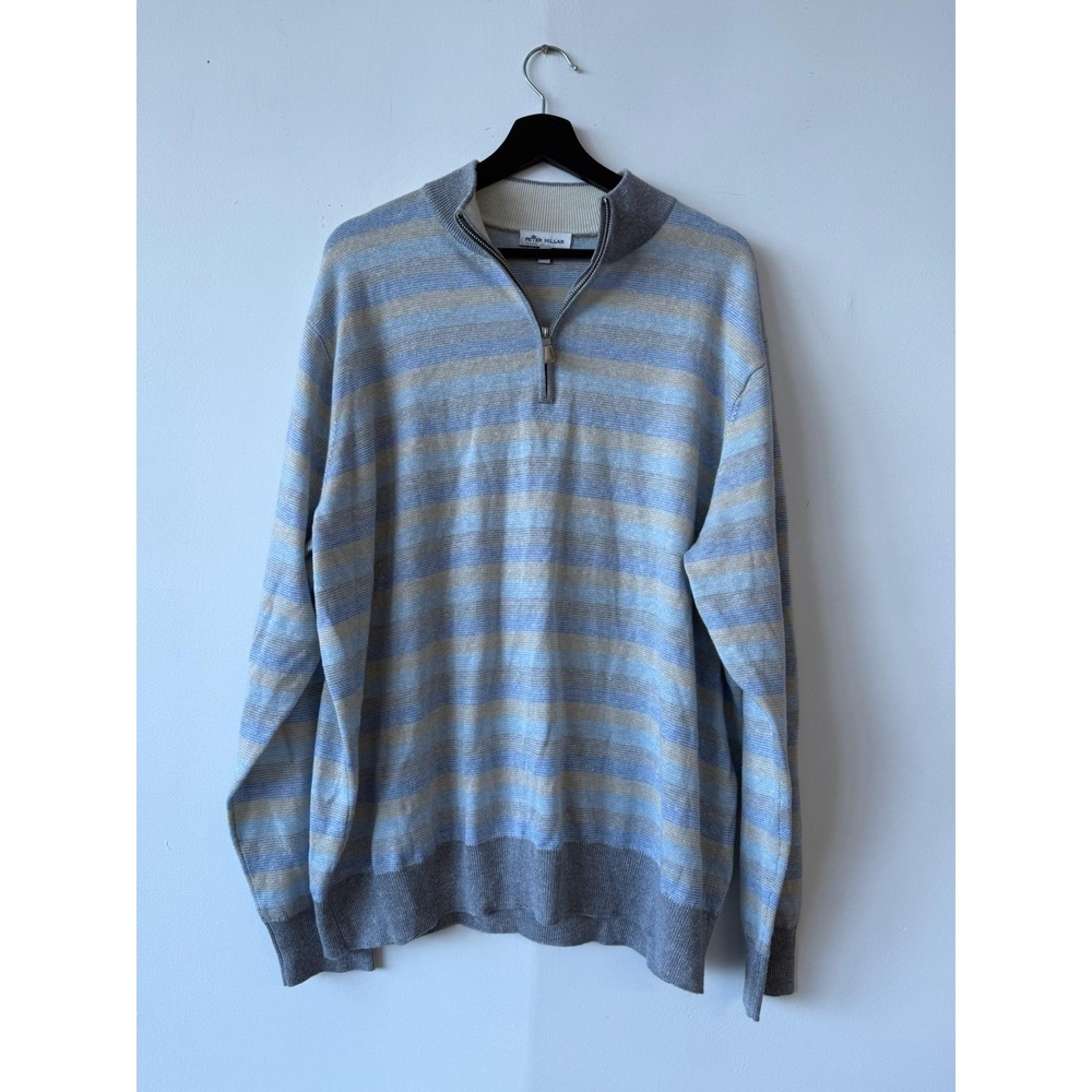 Peter Millar Sweater Mens 2XL Gray Blue Tan Striped Half Zip Pullover Casual XXL